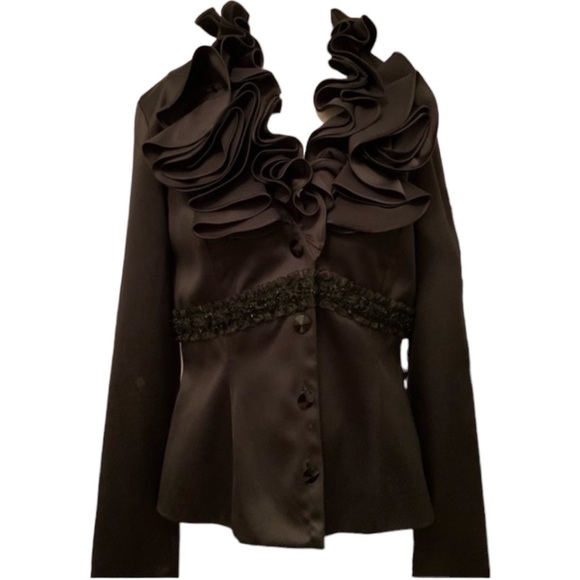 JS Collection Vintage Black Evening Jacket Ruffles Satiny Size 4 - Picture 2 of 11
